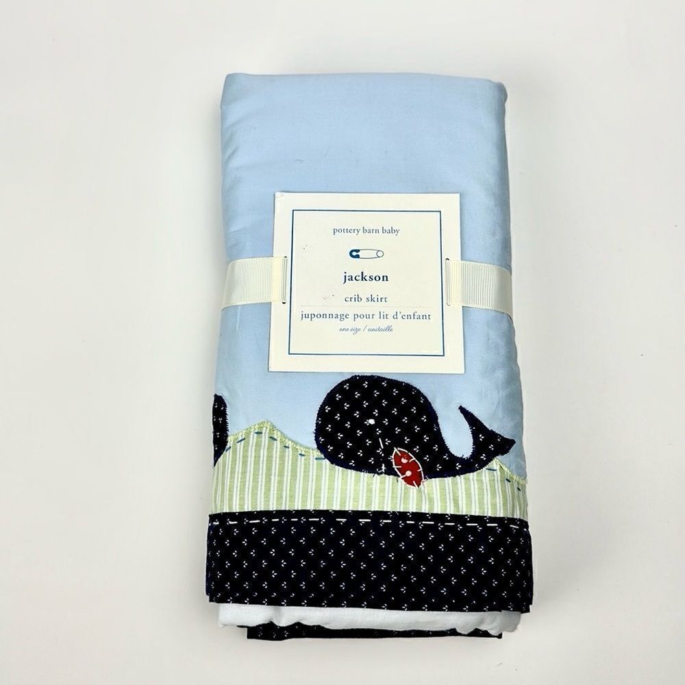 NWT Pottery Barn Kids Jackson Crib Bed Skirt Whales Fish Cotton Blue